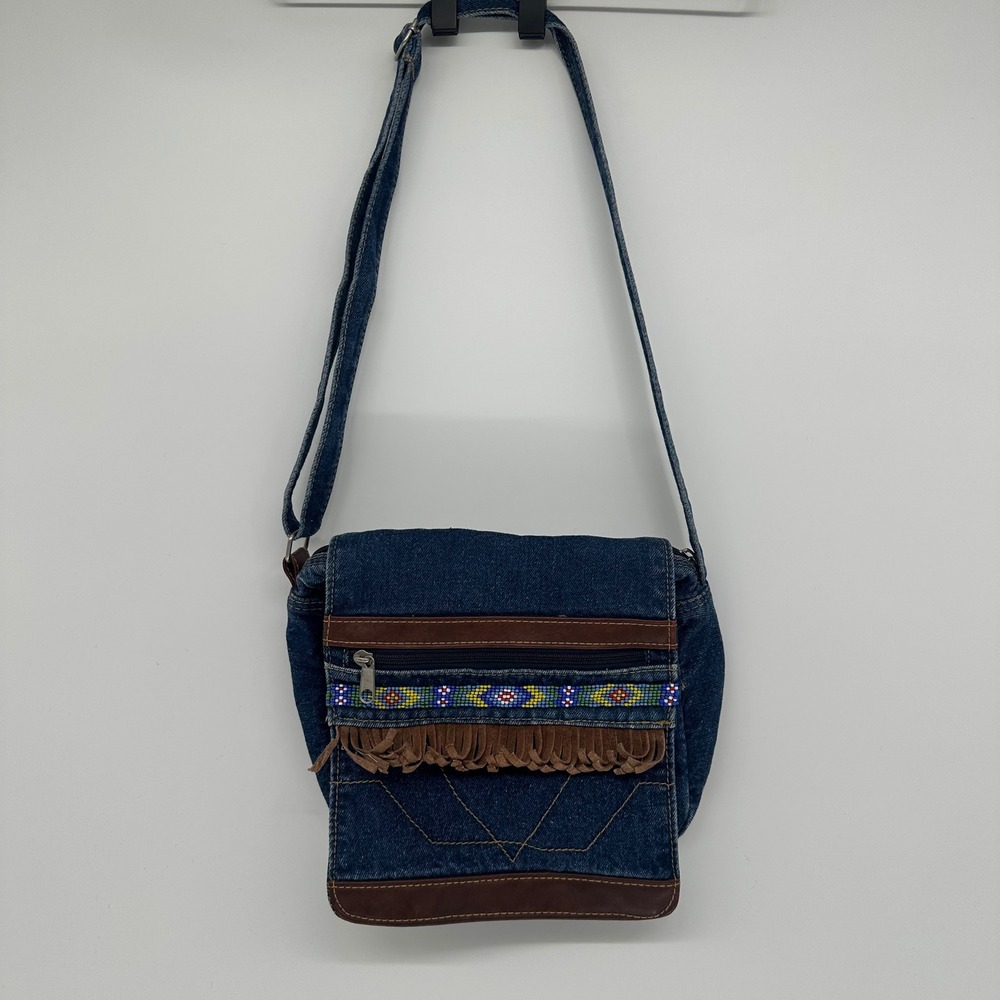 Boho 90s Denim‎ Crossbody Bag Beaded Fringe Leather Trim Adjustable Strap